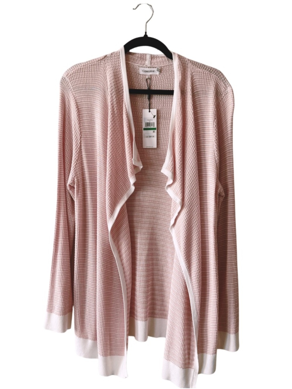 Calvin Klein Women’s Waffle Knit Waterfall Cardigan Light Pink & White Size L